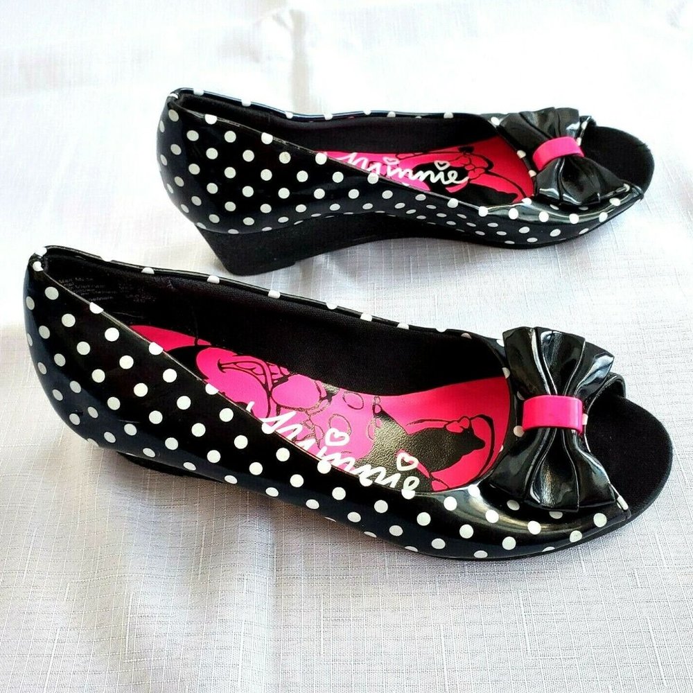 Disney Minnie Mouse Girls US 13 Polka Dot Peep Toe Bow Dress Shoes Wedge Heels